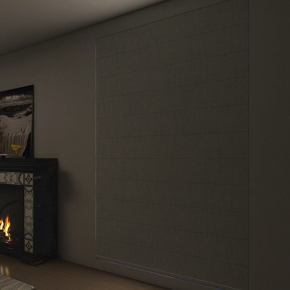 Roman shades in full privacy mode in a serene bedroom