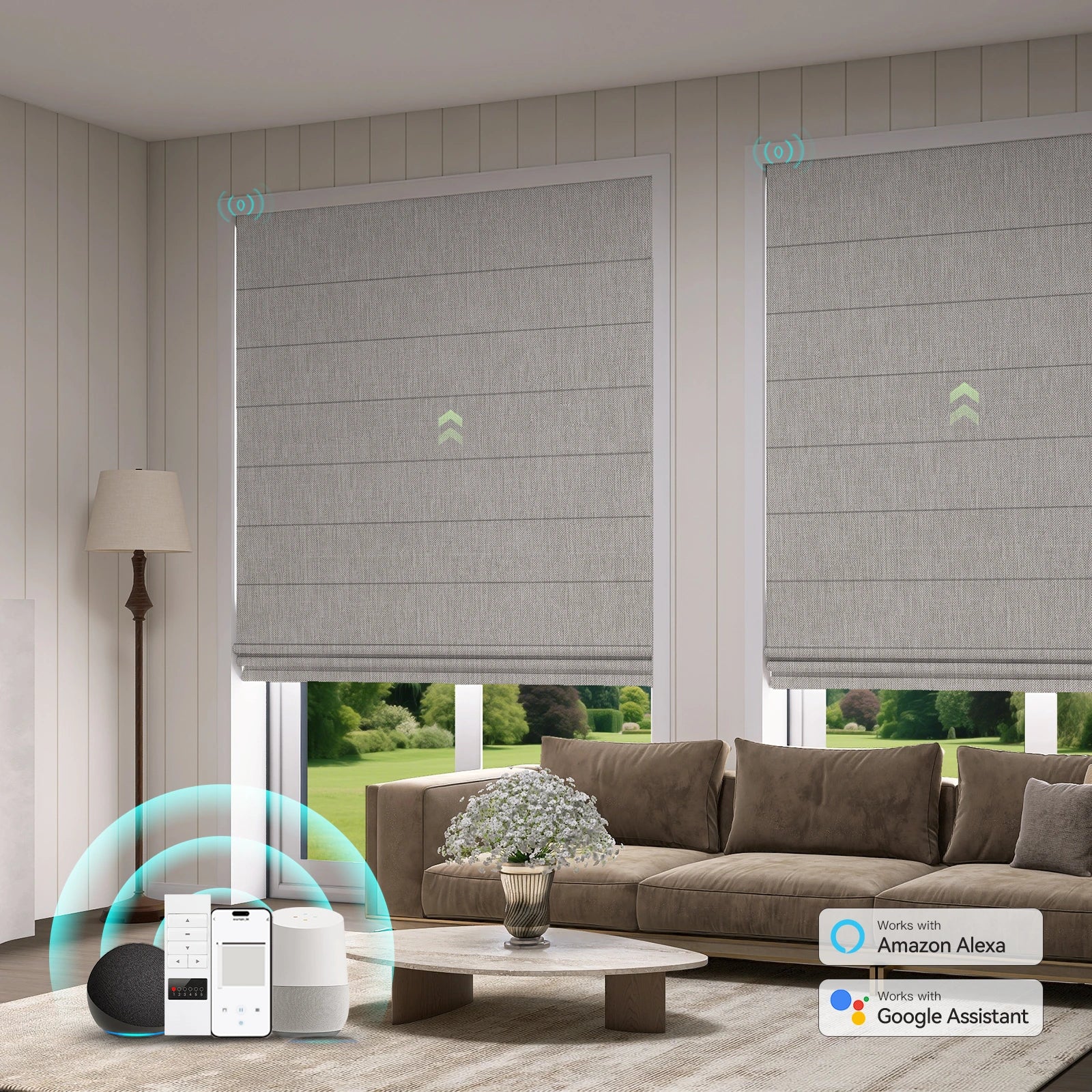 Smart Blackout Roman Shades in a modern living room setting