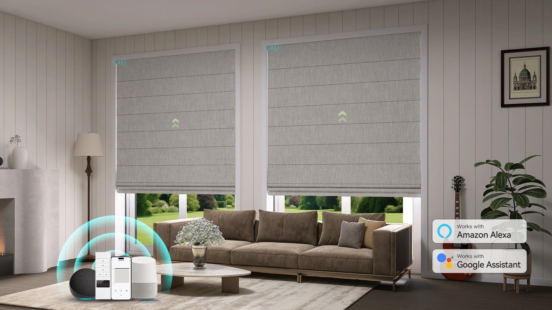 Smart Blackout Roman Shades in a modern living room setting