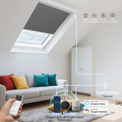 Smart motor for blackout skylight shades with voice, remote, and app control via Alexa and Google Assistant