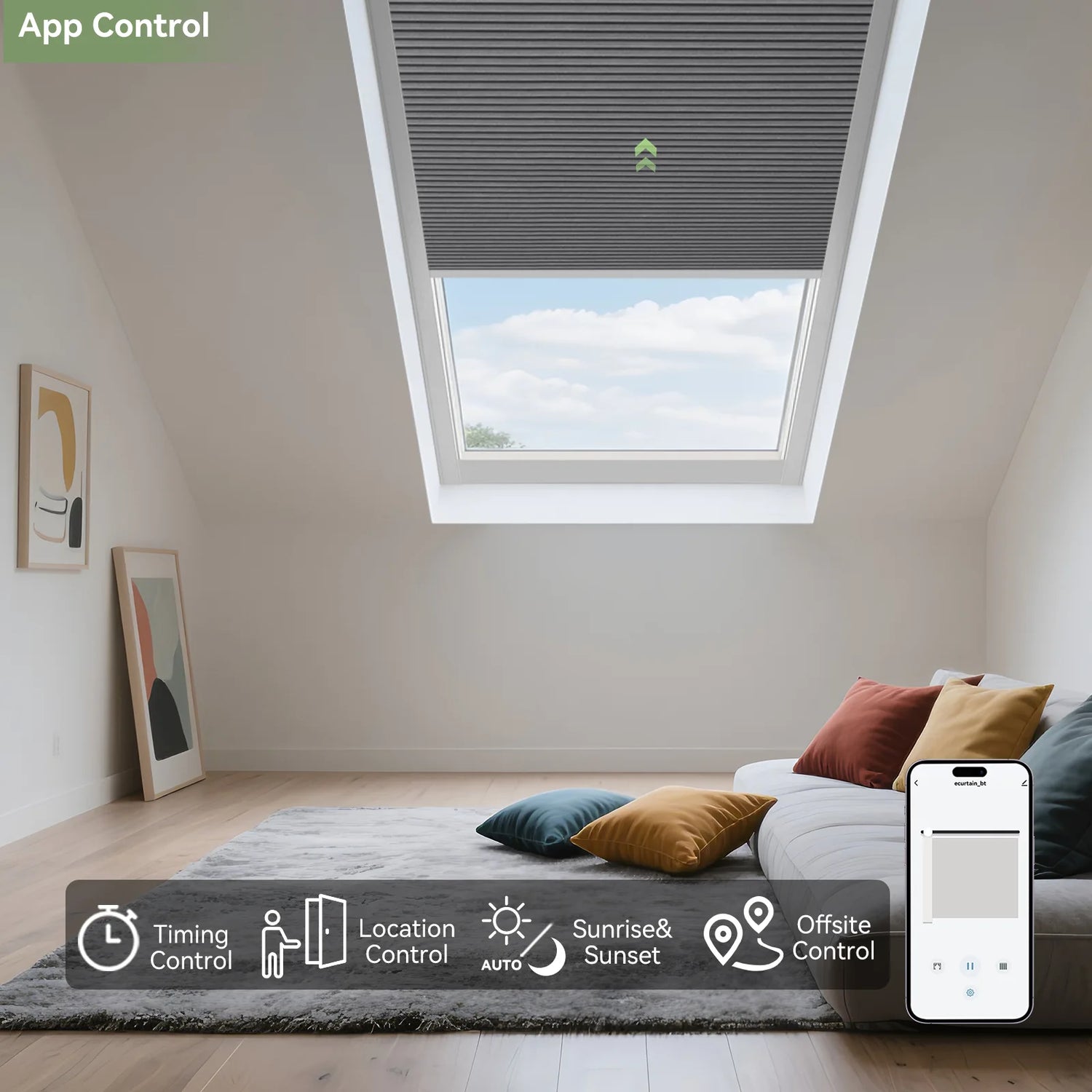 Smartphone displaying app interface for skylight shade control.