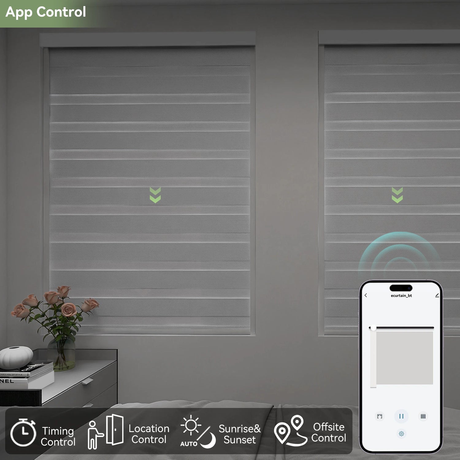 User adjusting zebra shades via smartphone app in bedroom