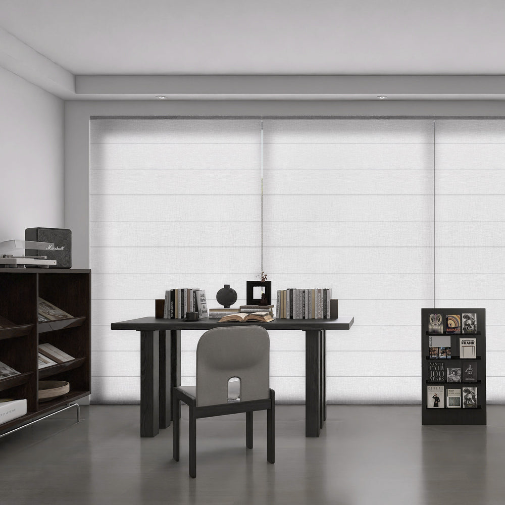 Study room with 65% blackout Roman shade allowing natural light