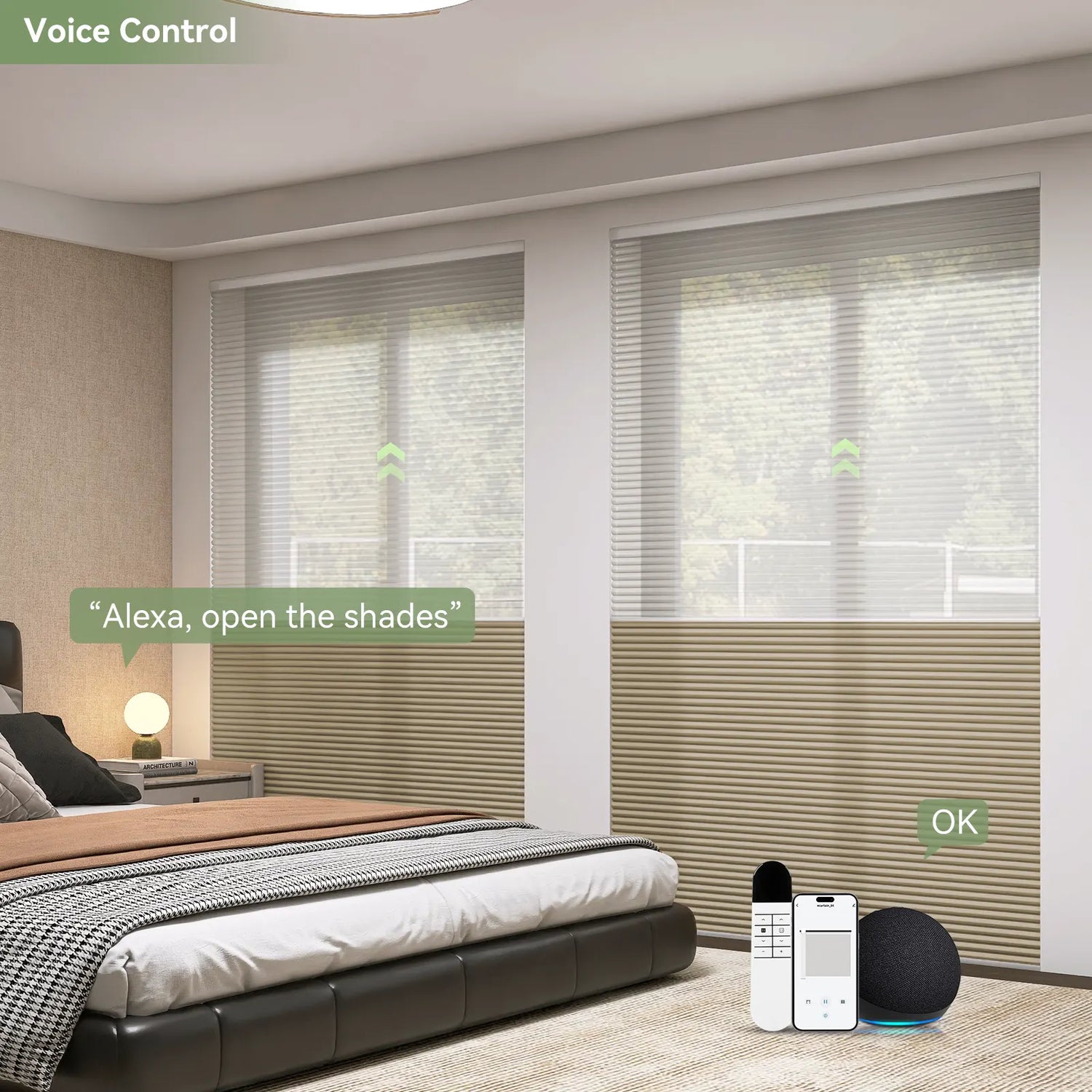 Person using voice assistant to control bedroom shades
