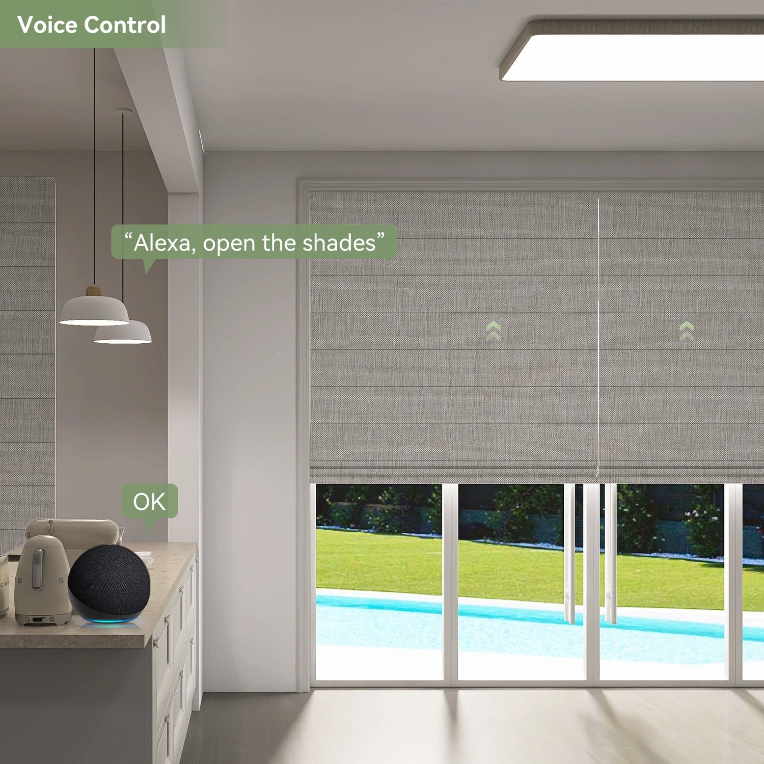 Voice-controlled Roman shades in a modern dining room
