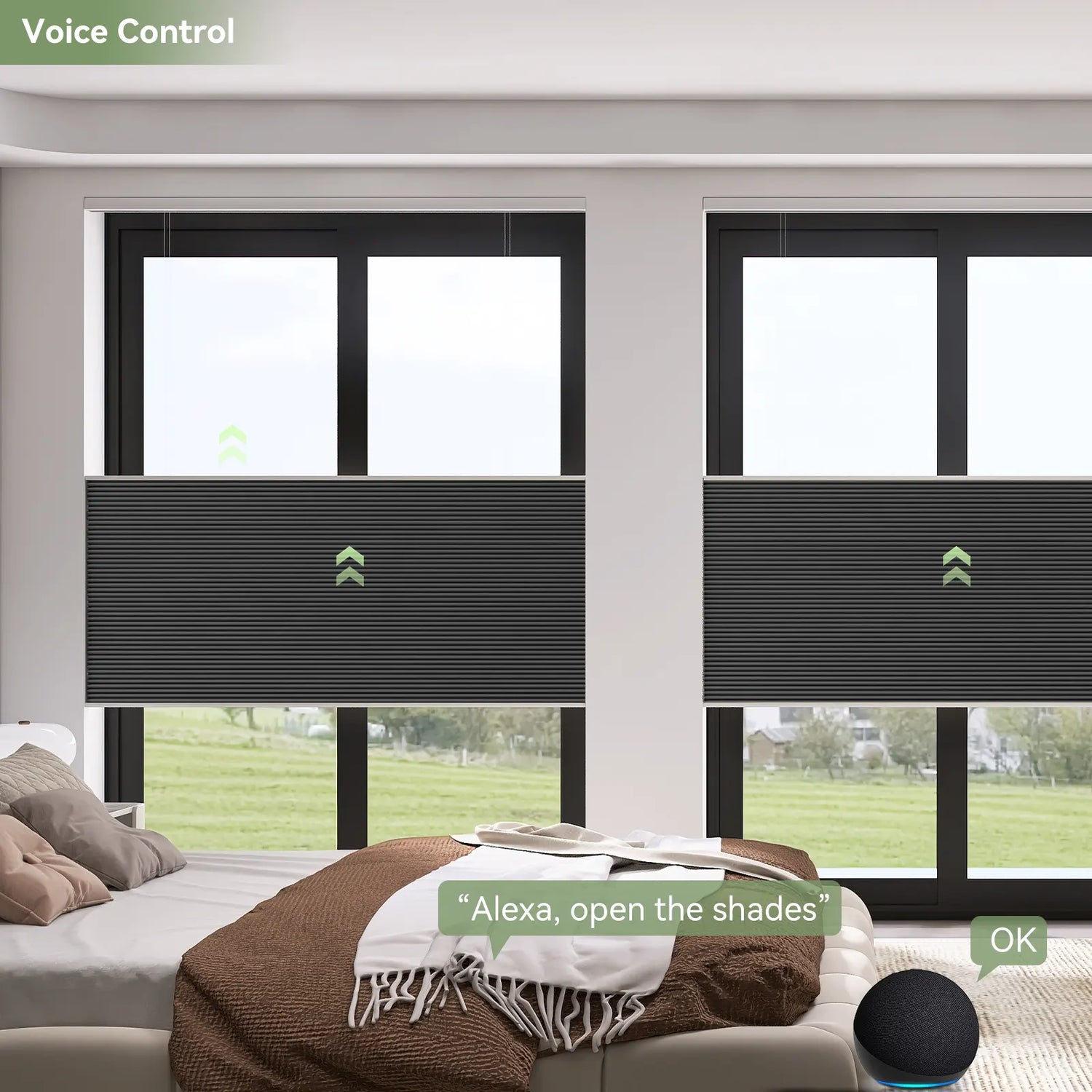 Voice-controlled blackout cellular shades in bedroom with Alexa