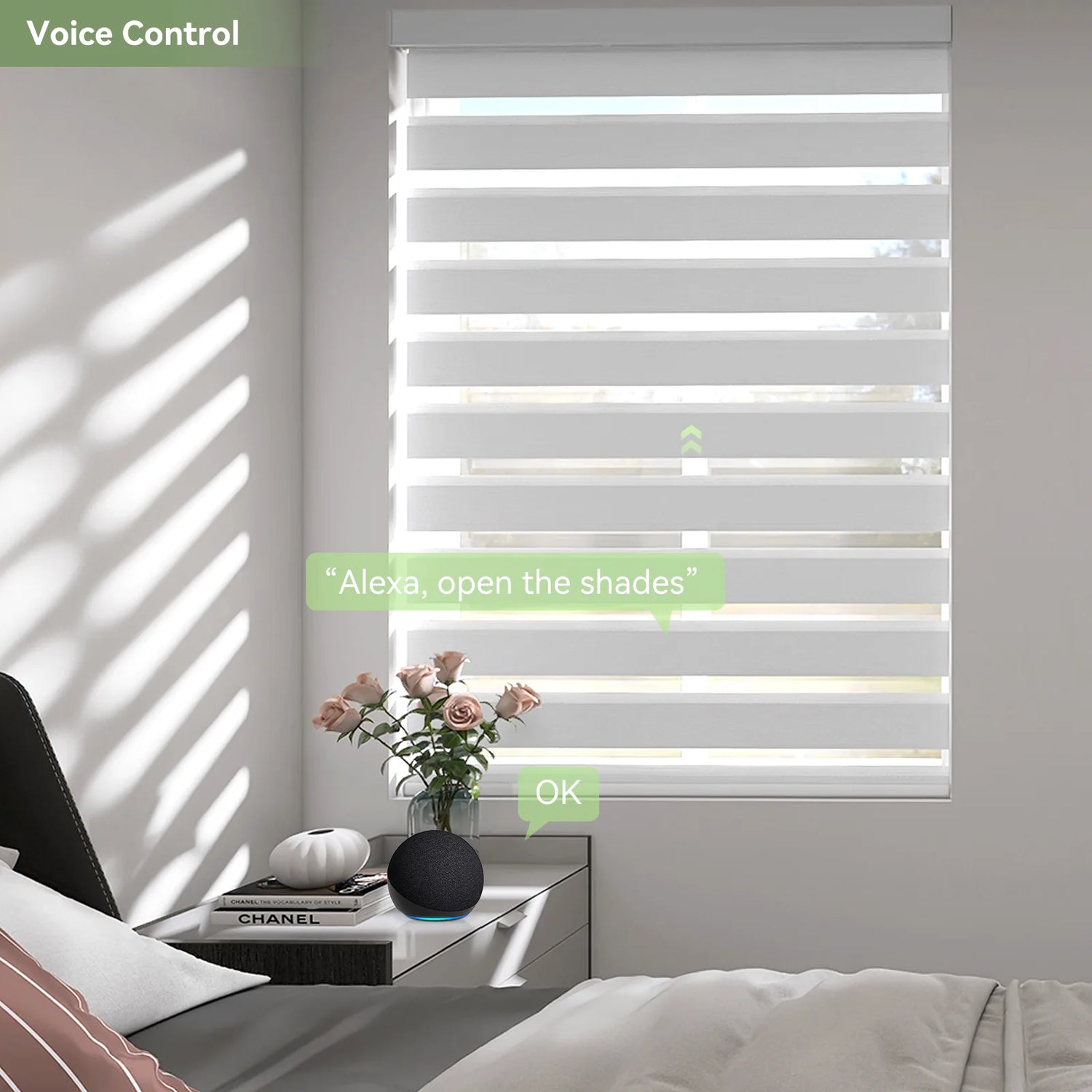 Person using voice assistant to control zebra shades in bedroom