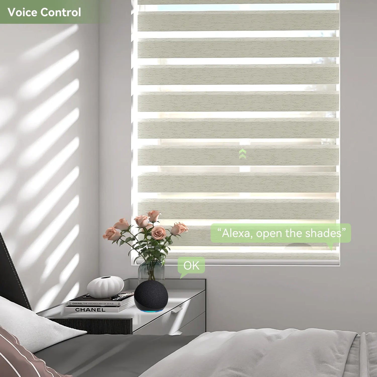 Bedroom featuring voice-controlled motorized zebra shades