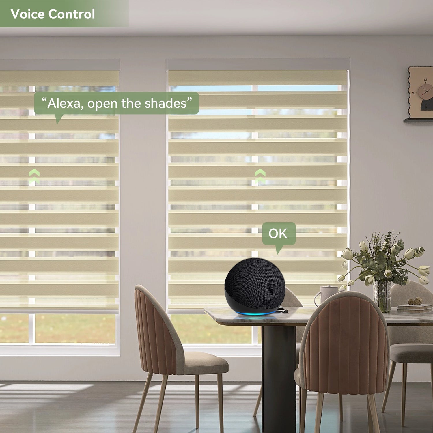 Voice-controlled zebra shades in dining room