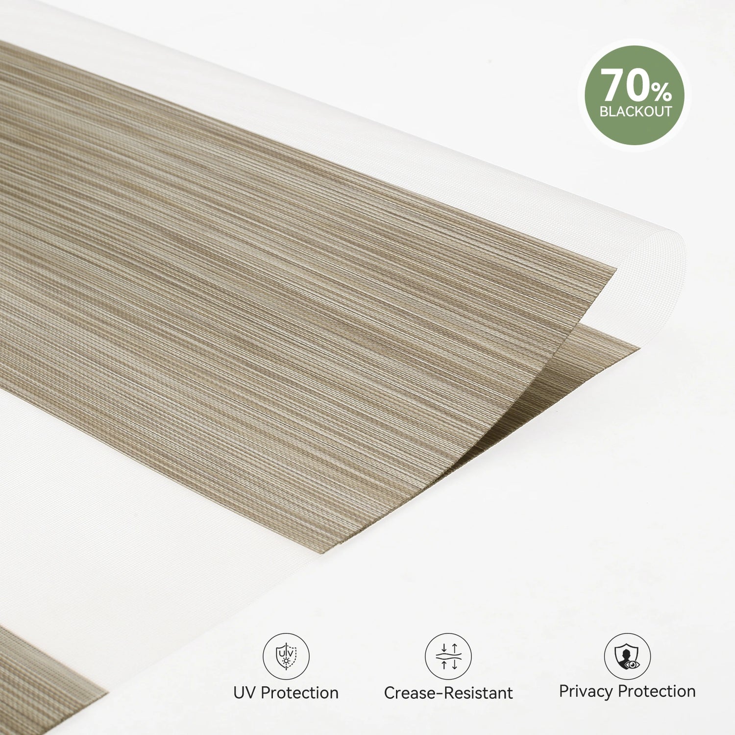 Close-up of 70% blackout fine linen texture fabric on motorized zebra shades