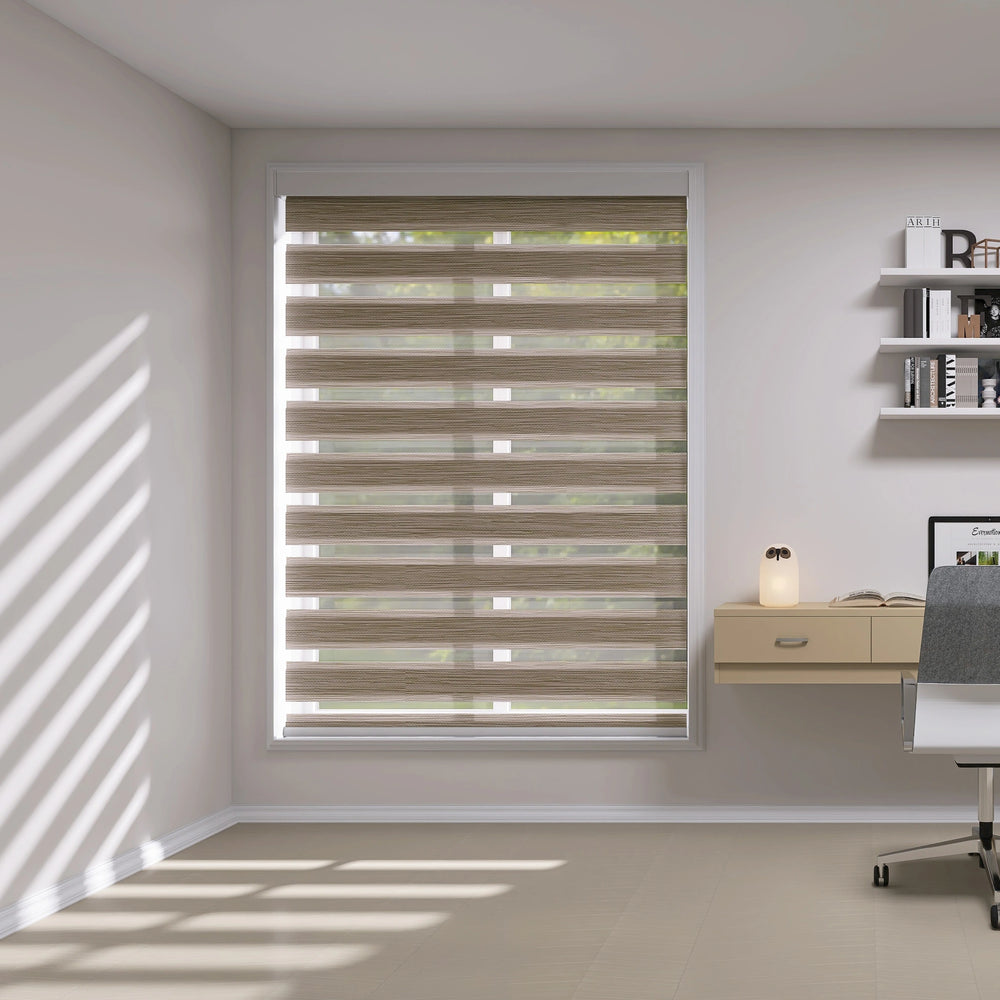 Zebra shades in daylight mode allowing filtered light in a home office
