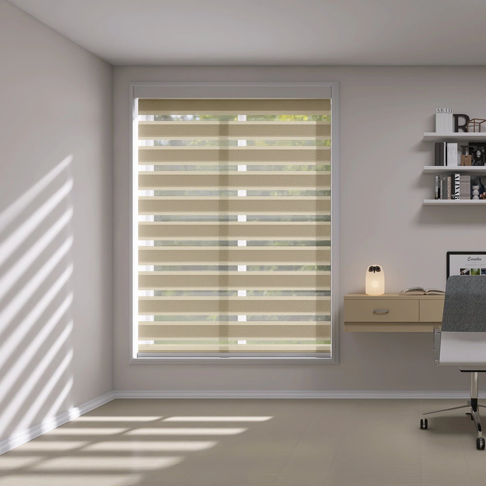 Zebra shades in daylight mode filtering soft light in a home office