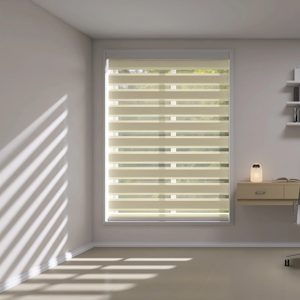 Zebra shades in light-filtering mode in home office