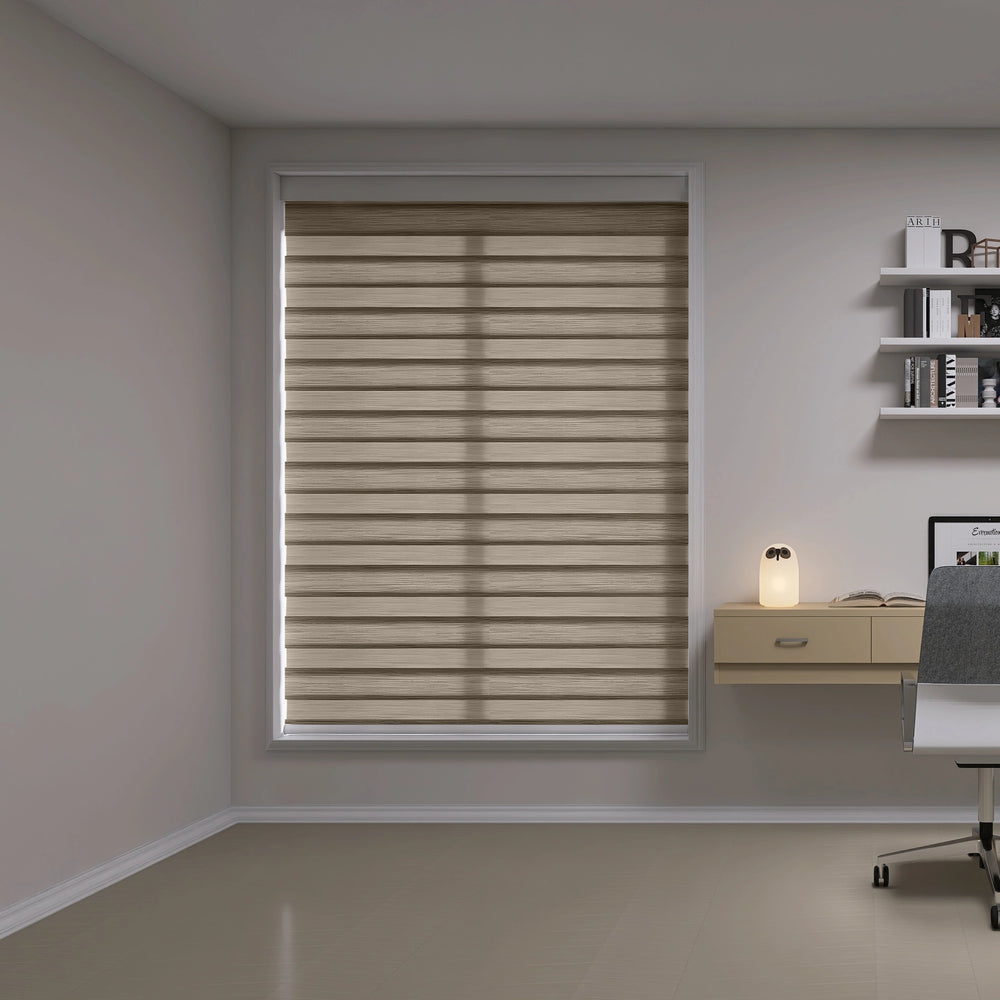 Zebra shades in privacy mode reducing light in a modern home office