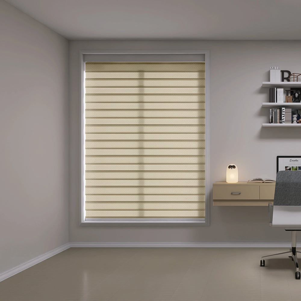 Zebra shades in privacy mode dimming light in a home office