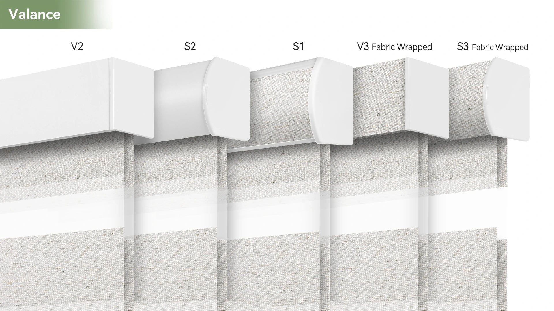 Various valance style options for motorized zebra shades