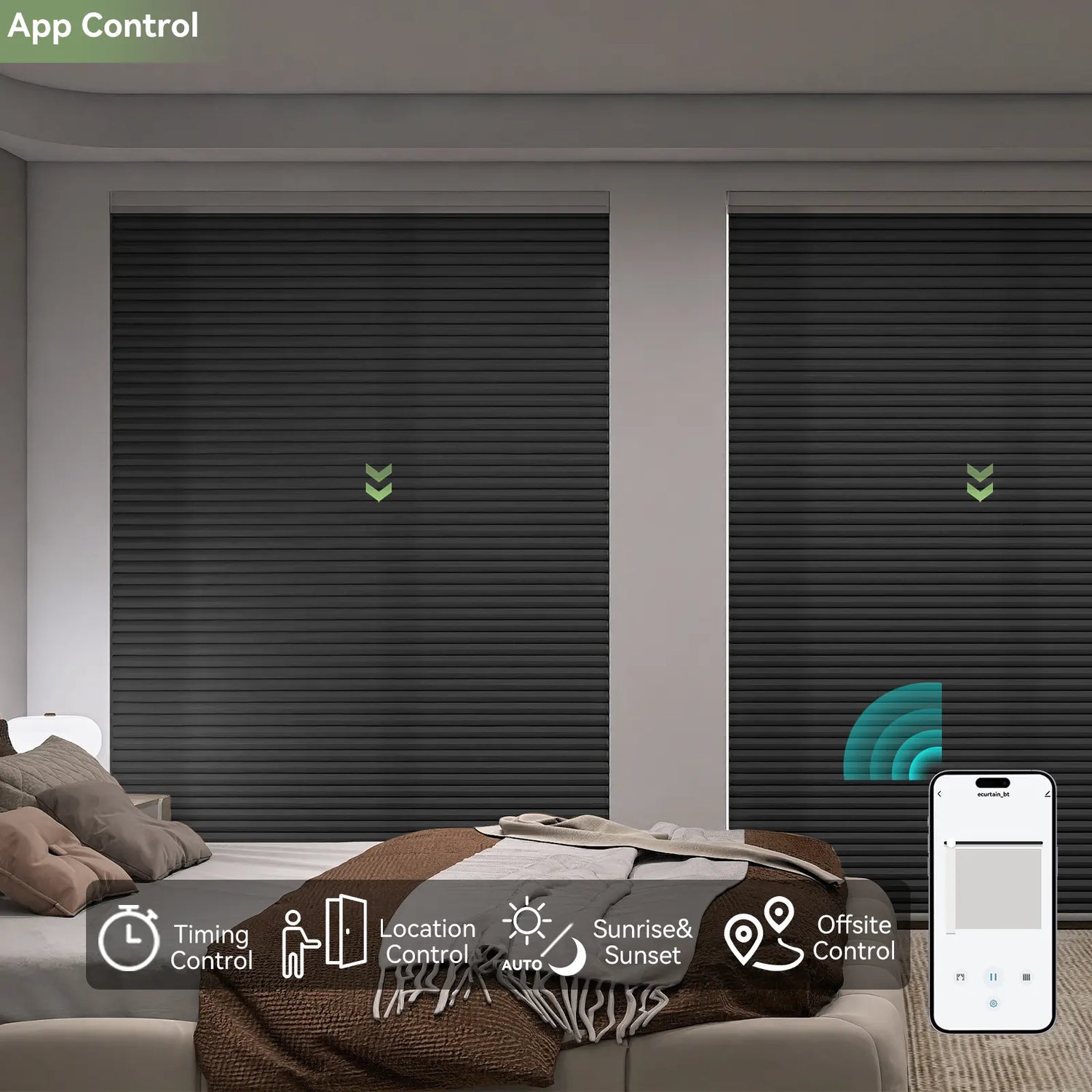 Smartphone app interface controlling ZSTARR shades in bedroom