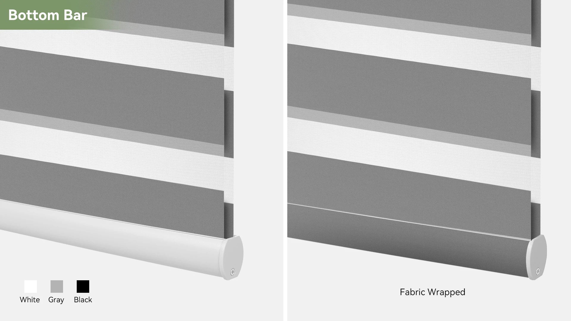 ZStarr motorized zebra shades available with different bottom bar styles