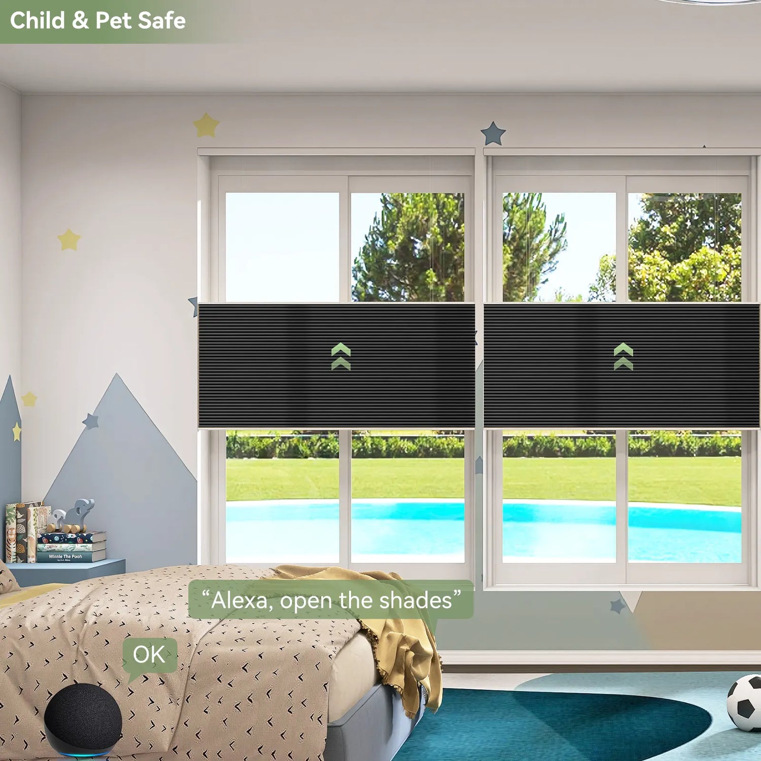 Child playing safely near cordless ZSTARR shades in bedroom