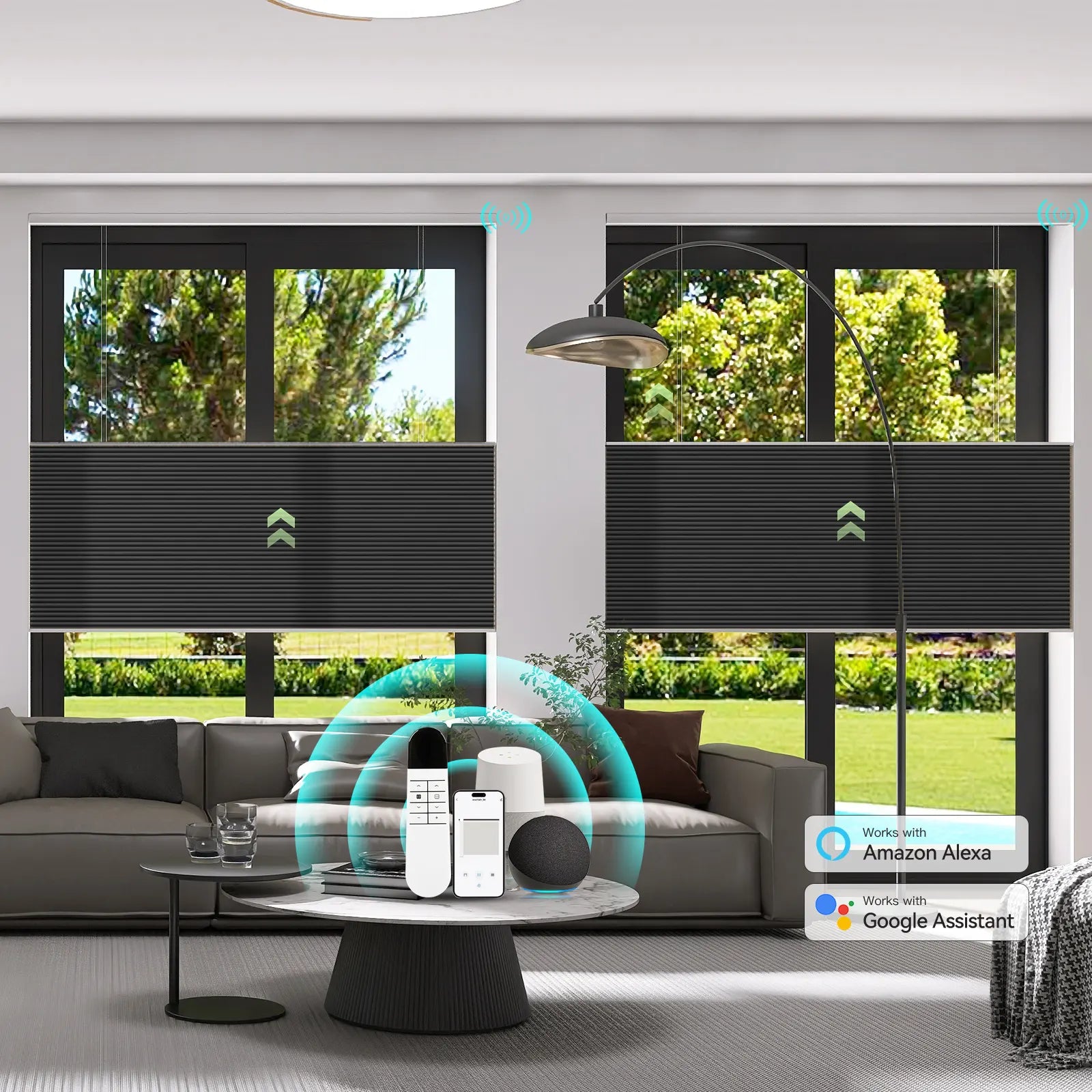 ZSTARR motorized cellular shades in a modern living room setting