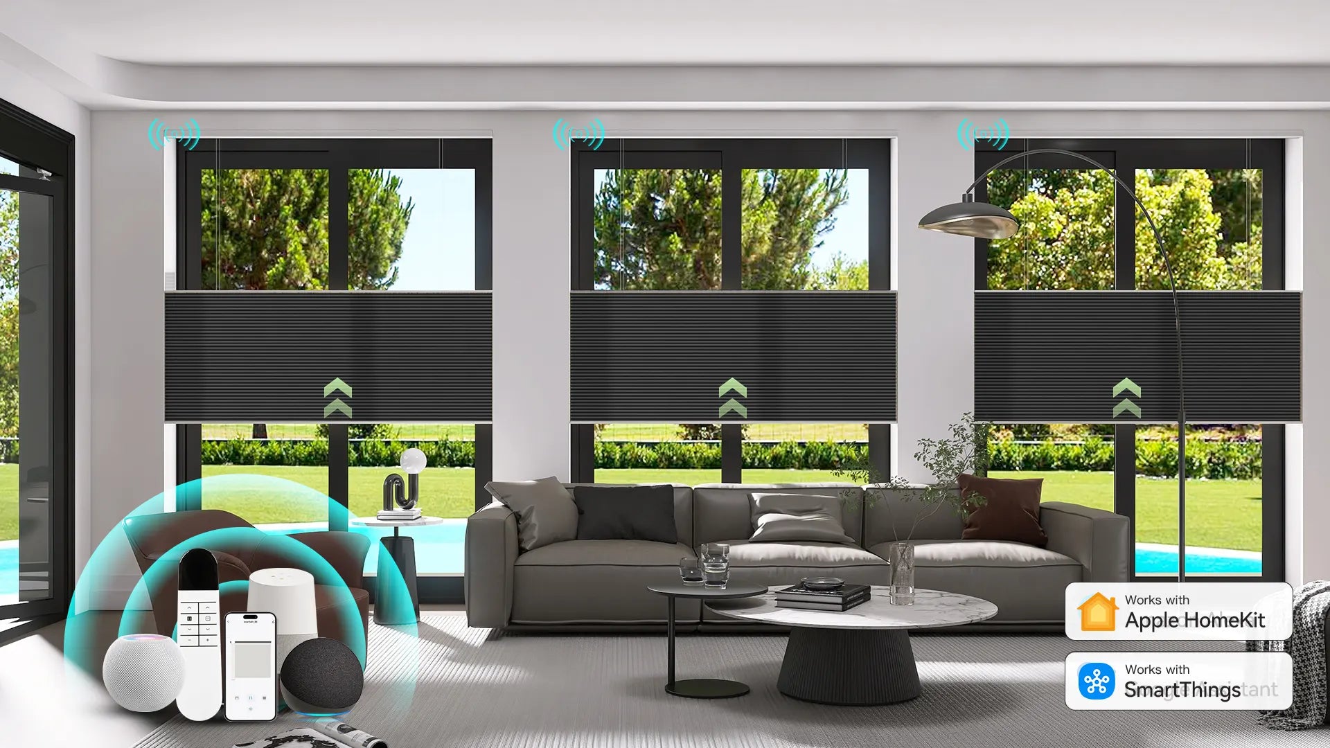 ZSTARR motorized cellular shades in a modern living room setting