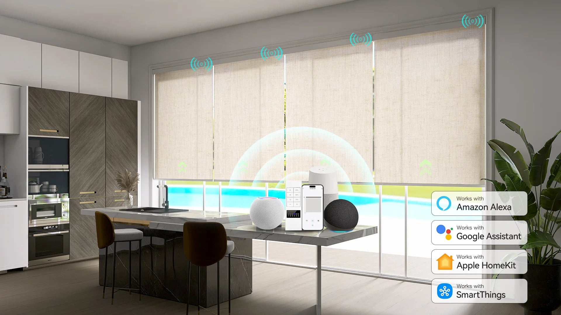 Motorized Roller Shades in Dining Room